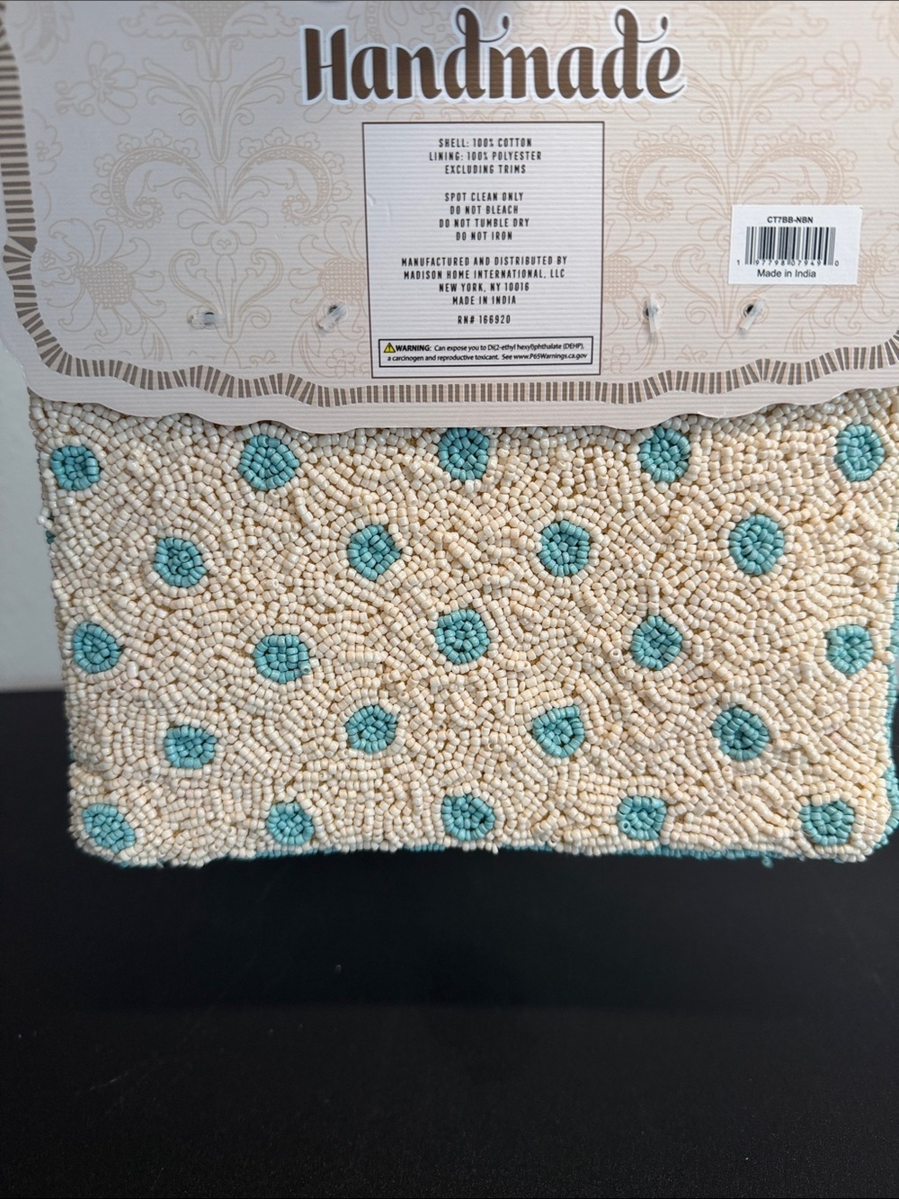 India Handmade | Cream Beaded Wristlet/Wallet w/ Turquoise Polka Dots - Picture 6 of 9